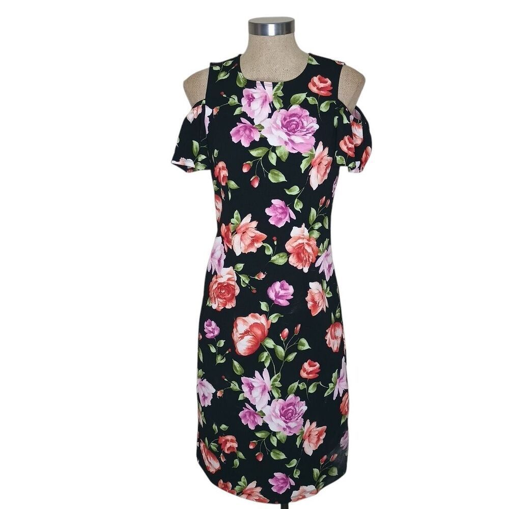 Slinky Brand Dress Womens S Black Floral Cold Shoulder Travel Stretch